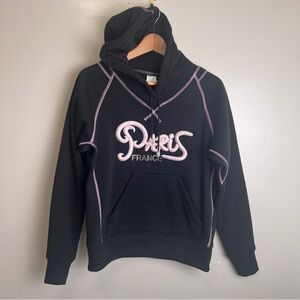 Euro Souvenir Black Hoodie w/Pink "Paris France" Embroidery & Rhinestones Medium